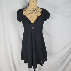 SCOBE Size Large Black Eyelet Peek A Boo Jersey Knit Cut Out Babydoll Mini Dress